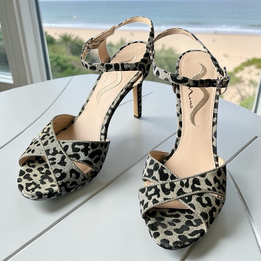 Nina Sparkle Silver Leopard Print Heeled Sandals with Ankle Strap